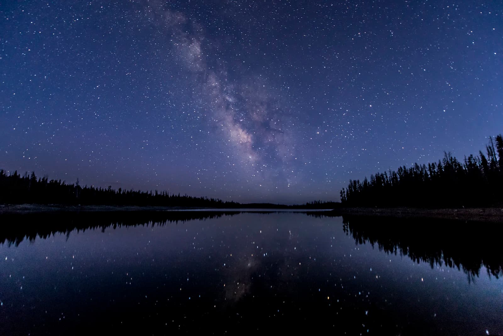 Milky Way rising over a calm forest lake with stars reflected on the water