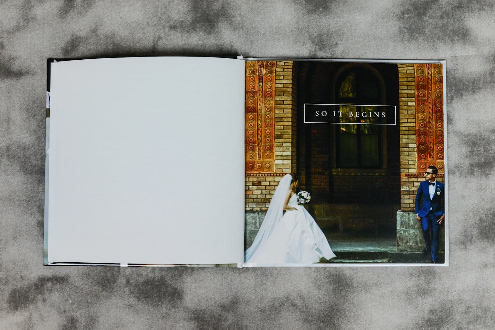 Open photo album showing a wedding photograph