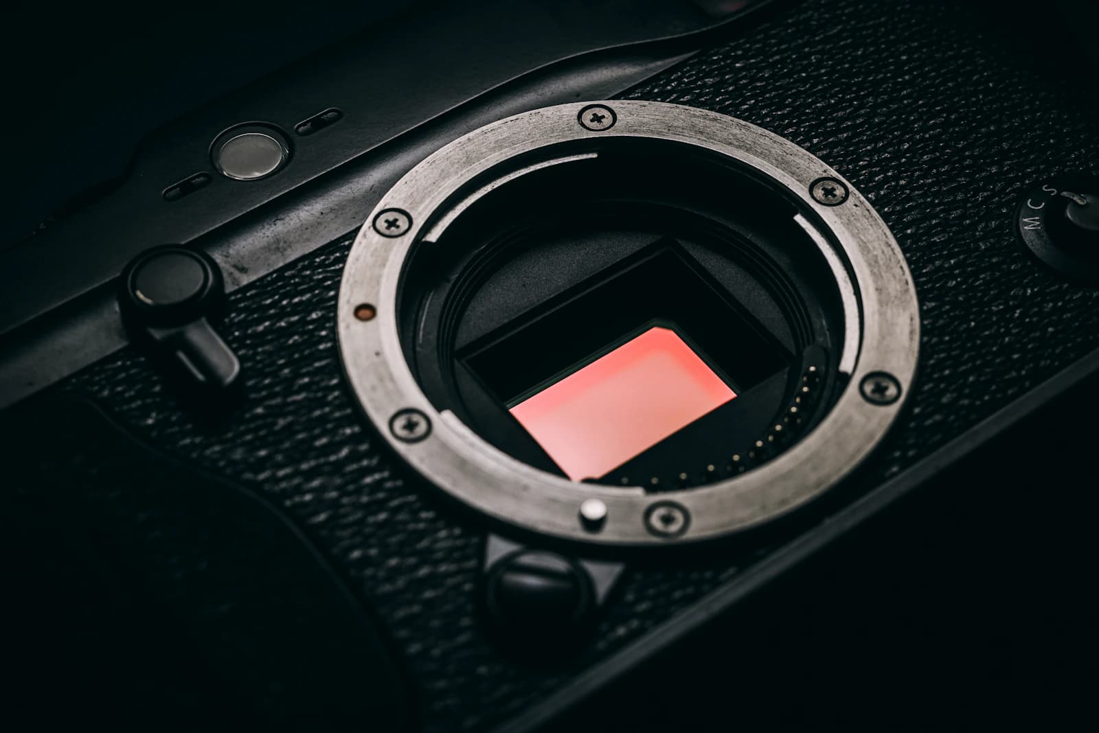 Camera body with the lens removed showing the image sensor
