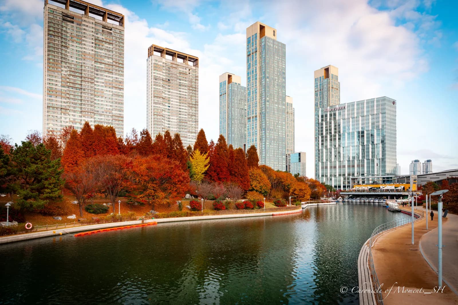 Autumn trees along a waterway with towers behind