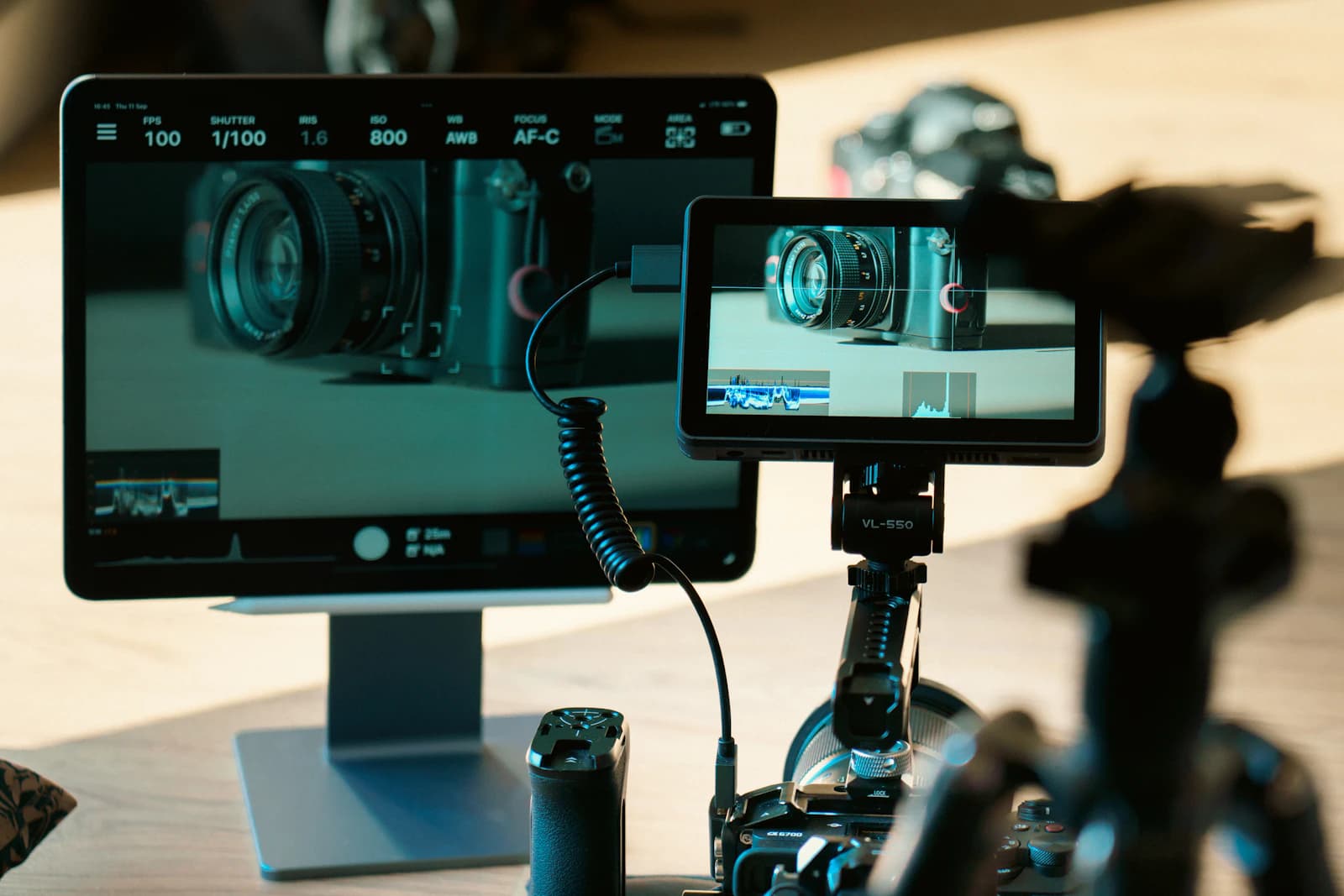 Camera and monitors showing a live view on a shooting desk
